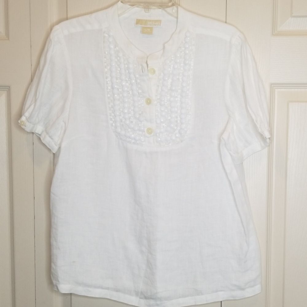 MICHAEL KORS White Linen Button Down Blouse Size Small
